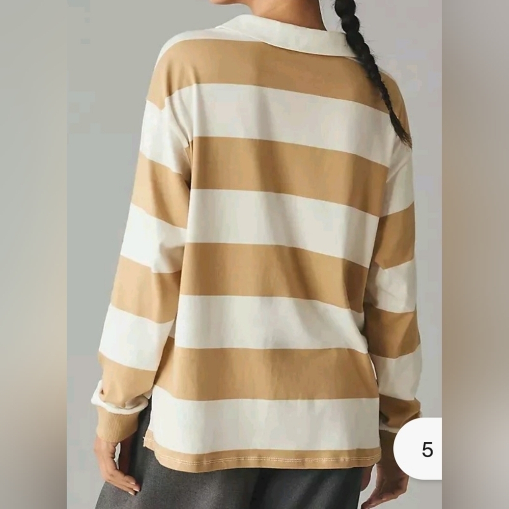 Pilcro Rugby Oversized Tan Stripe Long Sleeve Shirt. - Picture 2 of 14